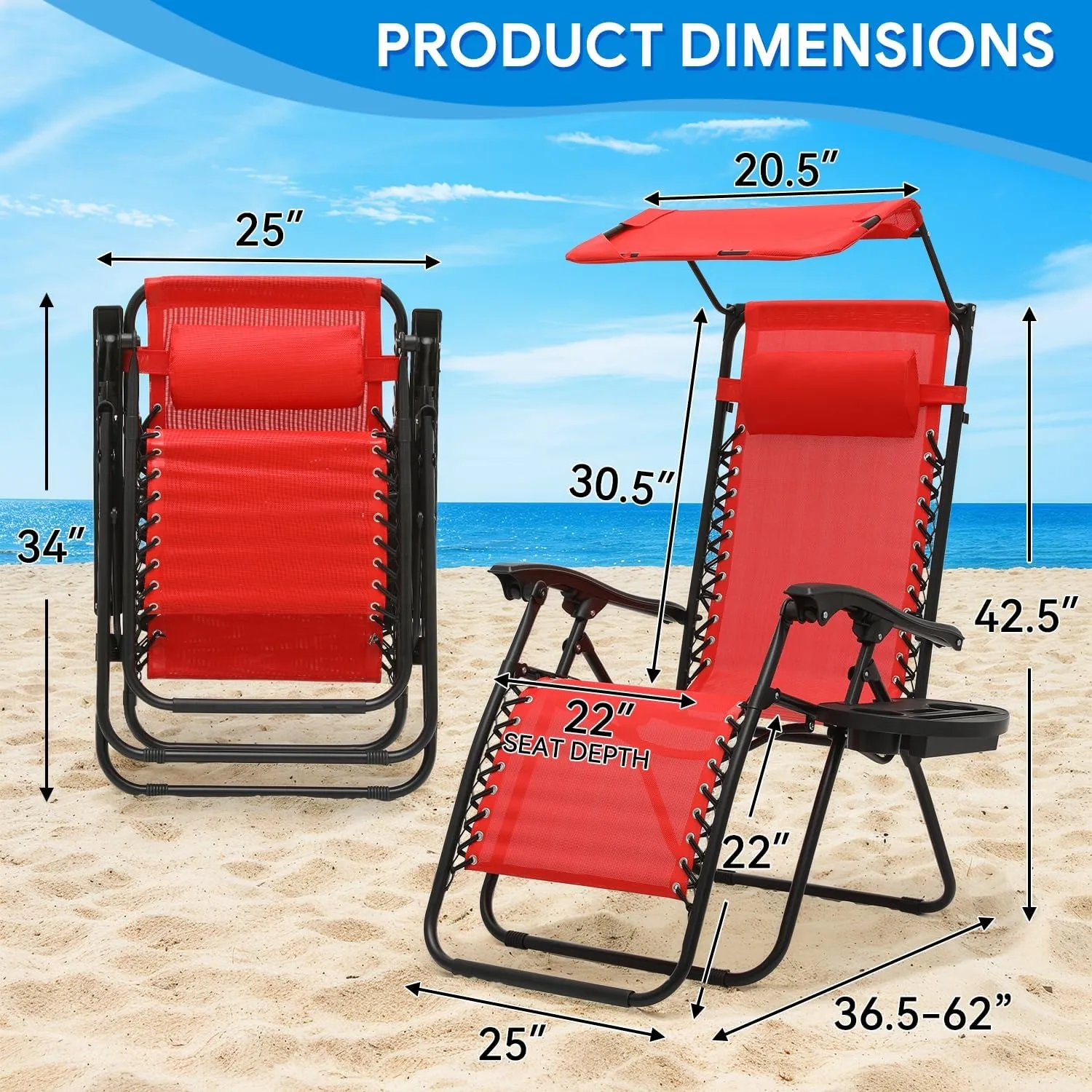 Zero Gravity Chair for Outdoor Relaxation - Foldable Patio Recliner, 330lbs Capacity with Adjustable Sunshade Canopy Cup Holder & Headrest, CAAP-BCC-B1P-RD
