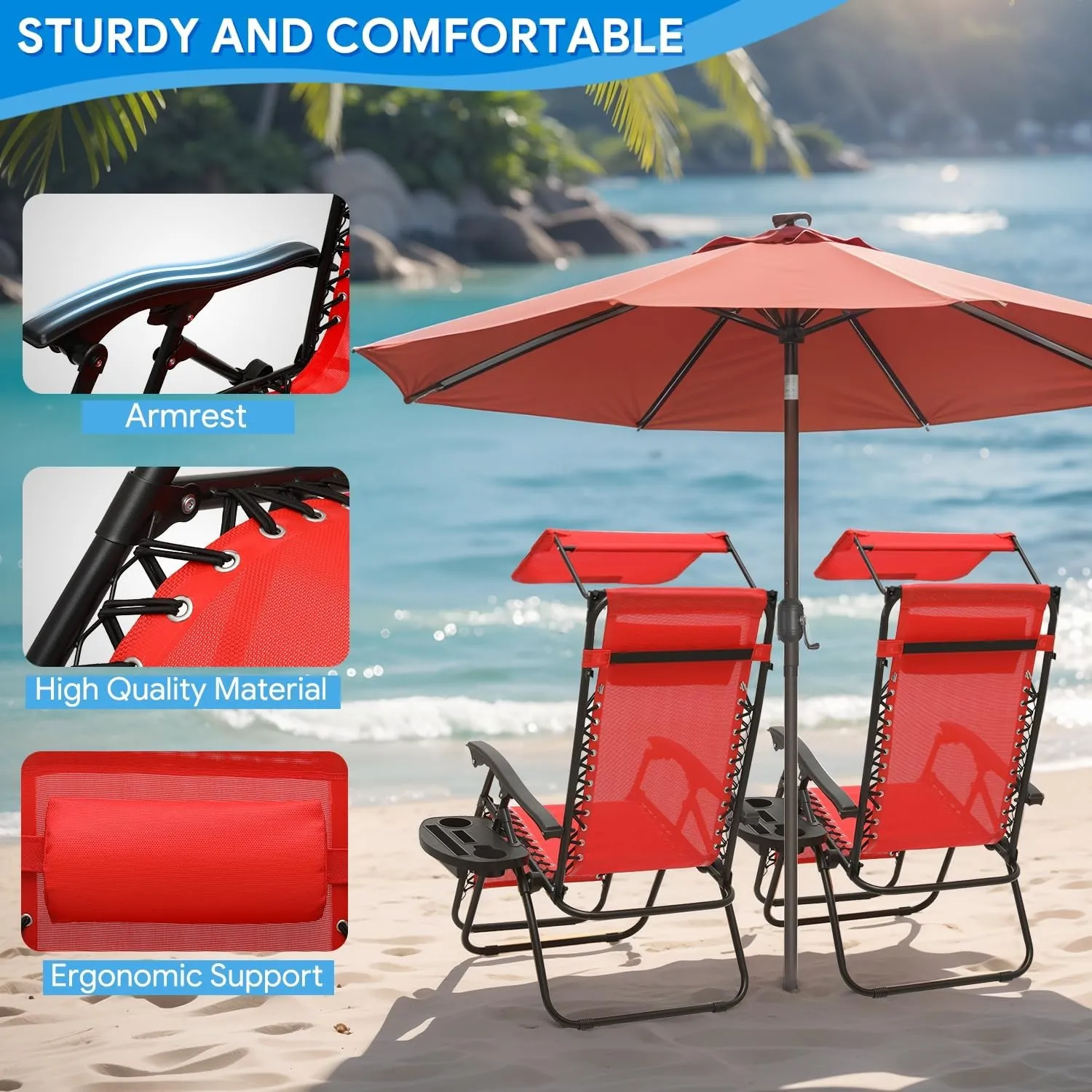 Zero Gravity Chair for Outdoor Relaxation - Foldable Patio Recliner, 330lbs Capacity with Adjustable Sunshade Canopy Cup Holder & Headrest, CAAP-BCC-B1P-RD