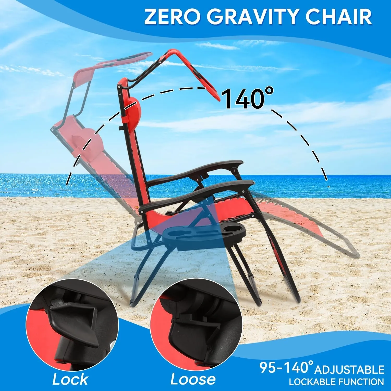 Zero Gravity Chair for Outdoor Relaxation - Foldable Patio Recliner, 330lbs Capacity with Adjustable Sunshade Canopy Cup Holder & Headrest, CAAP-BCC-B1P-RD