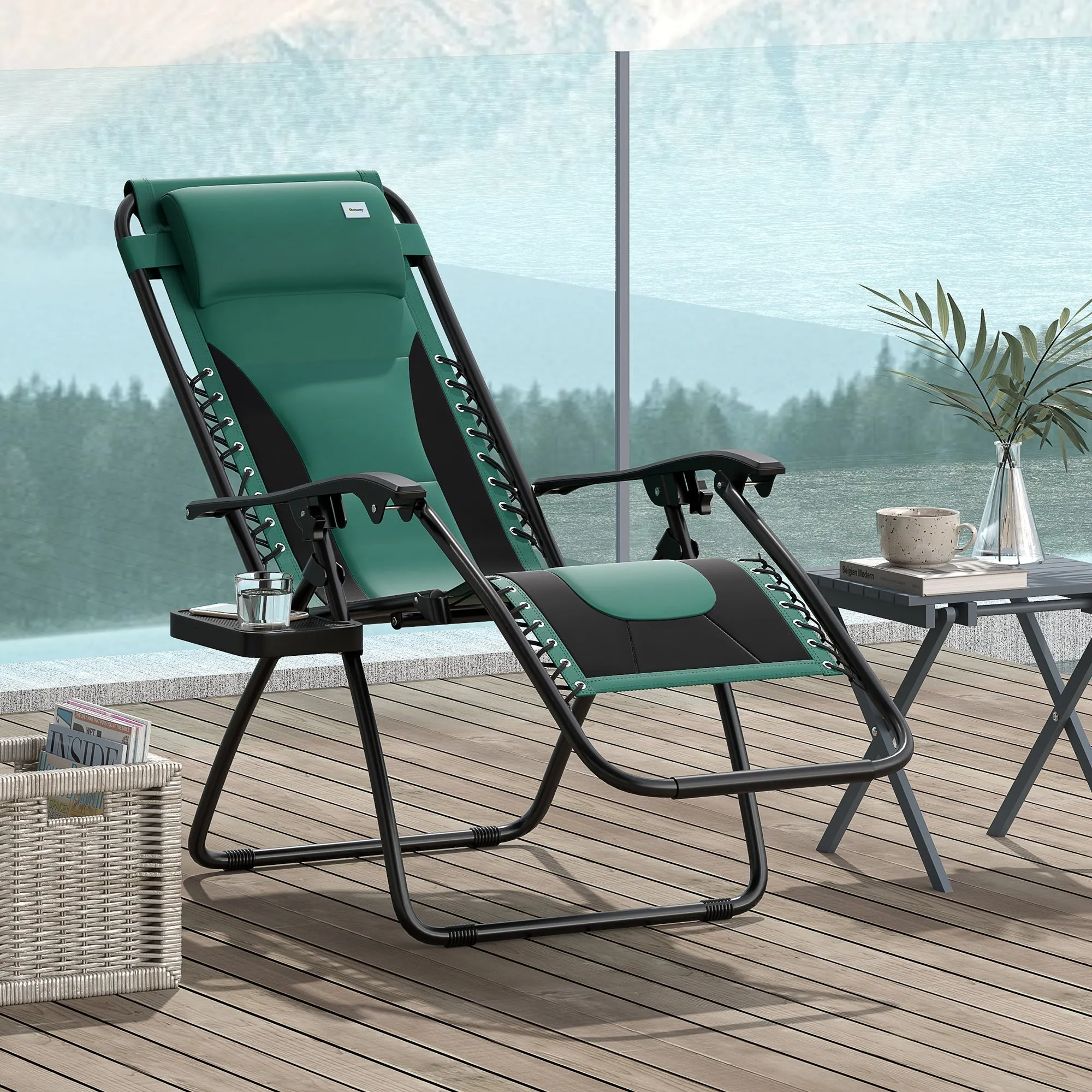 Zero Gravity Lounger Chair, Folding Reclining Patio Chair with Padded Seat, Cup Holder, Soft Cushion and Headrest for Poolside, Camping, Green