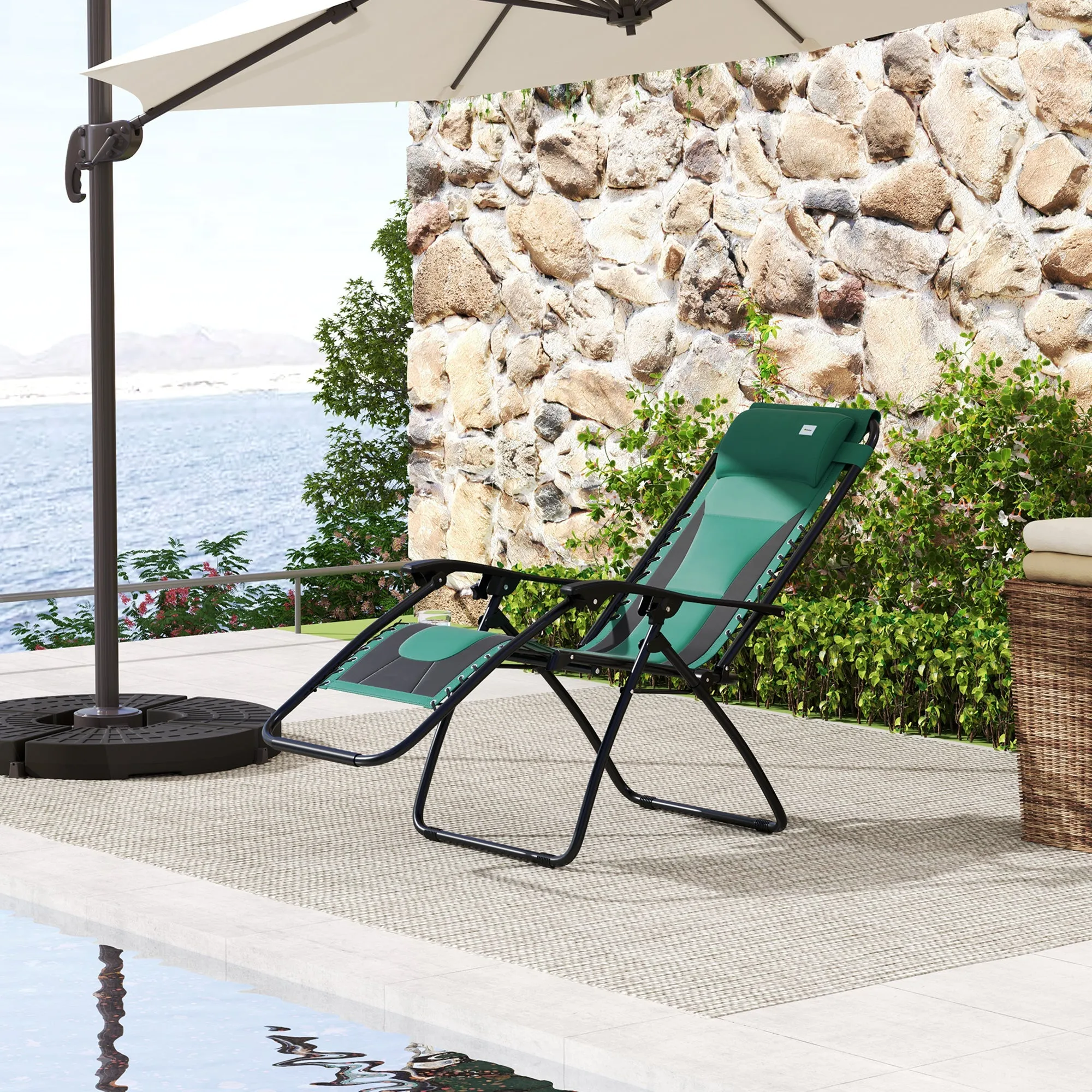 Zero Gravity Lounger Chair, Folding Reclining Patio Chair with Padded Seat, Cup Holder, Soft Cushion and Headrest for Poolside, Camping, Green