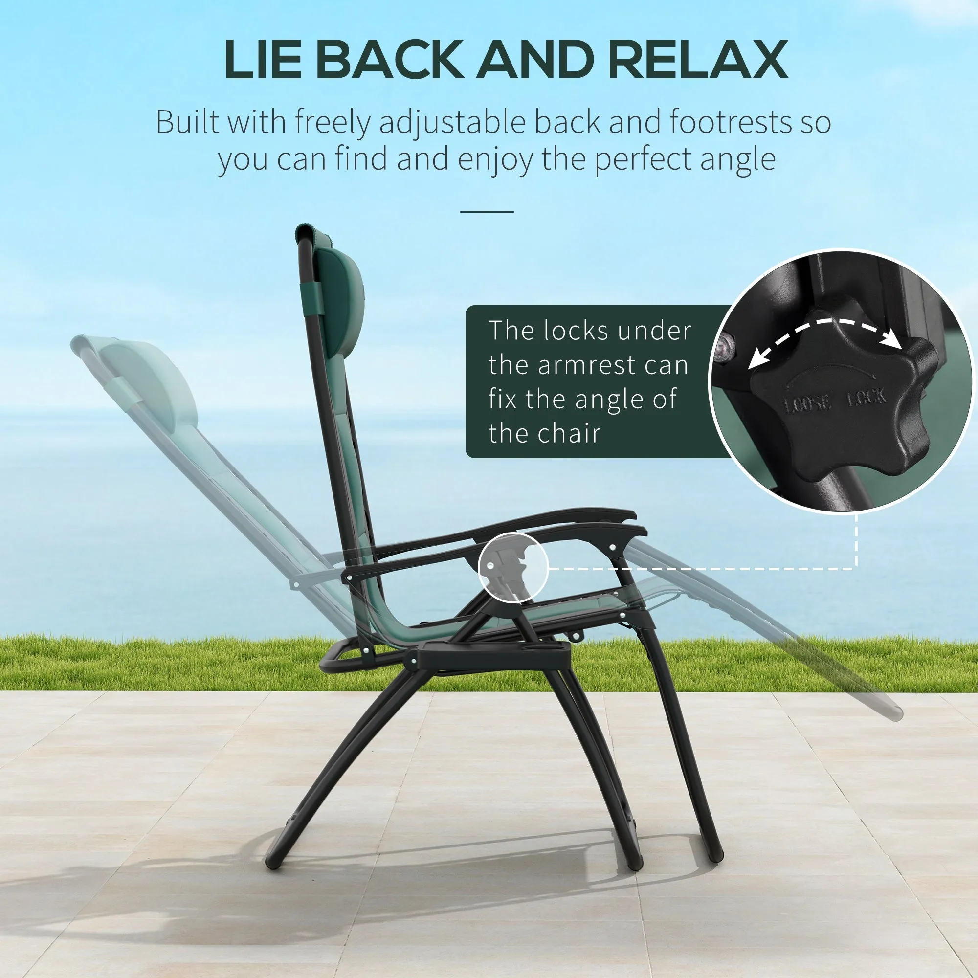 Zero Gravity Lounger Chair, Folding Reclining Patio Chair with Padded Seat, Cup Holder, Soft Cushion and Headrest for Poolside, Camping, Green