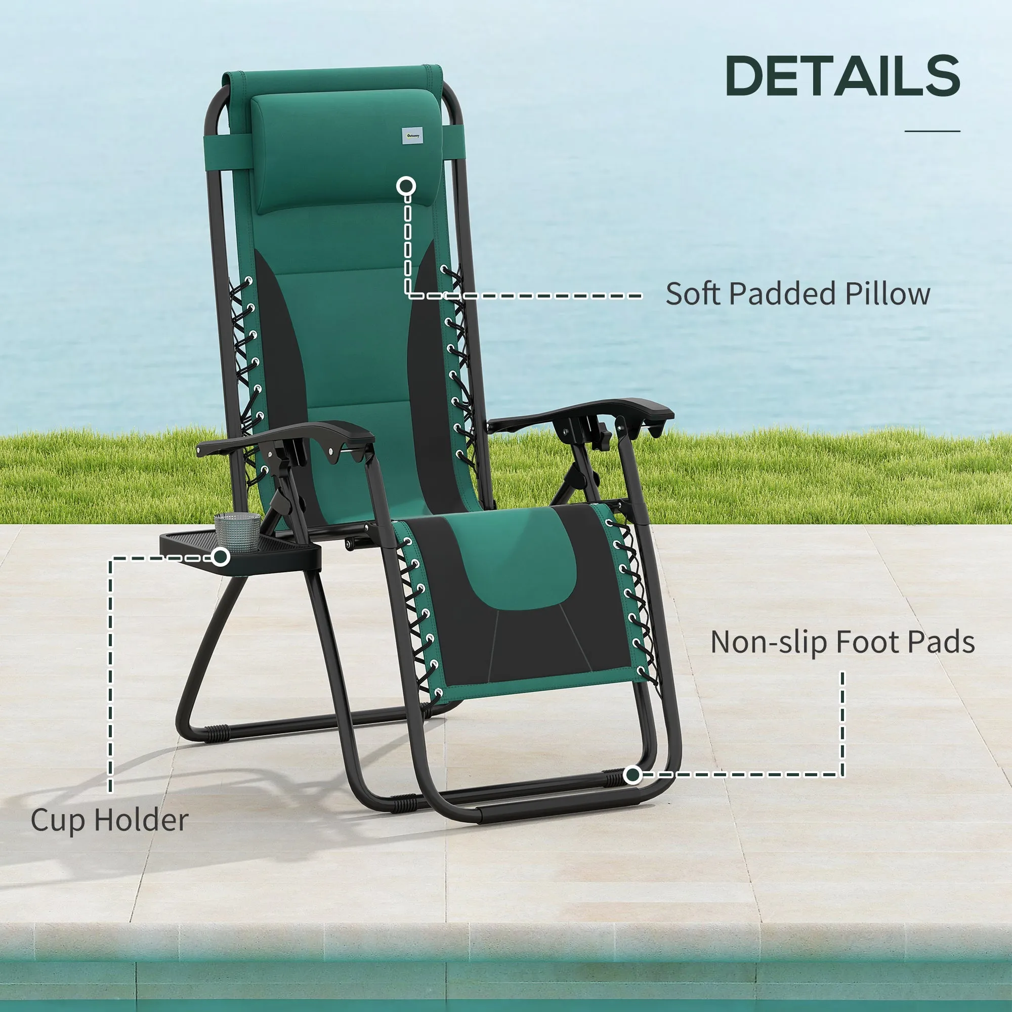 Zero Gravity Lounger Chair, Folding Reclining Patio Chair with Padded Seat, Cup Holder, Soft Cushion and Headrest for Poolside, Camping, Green