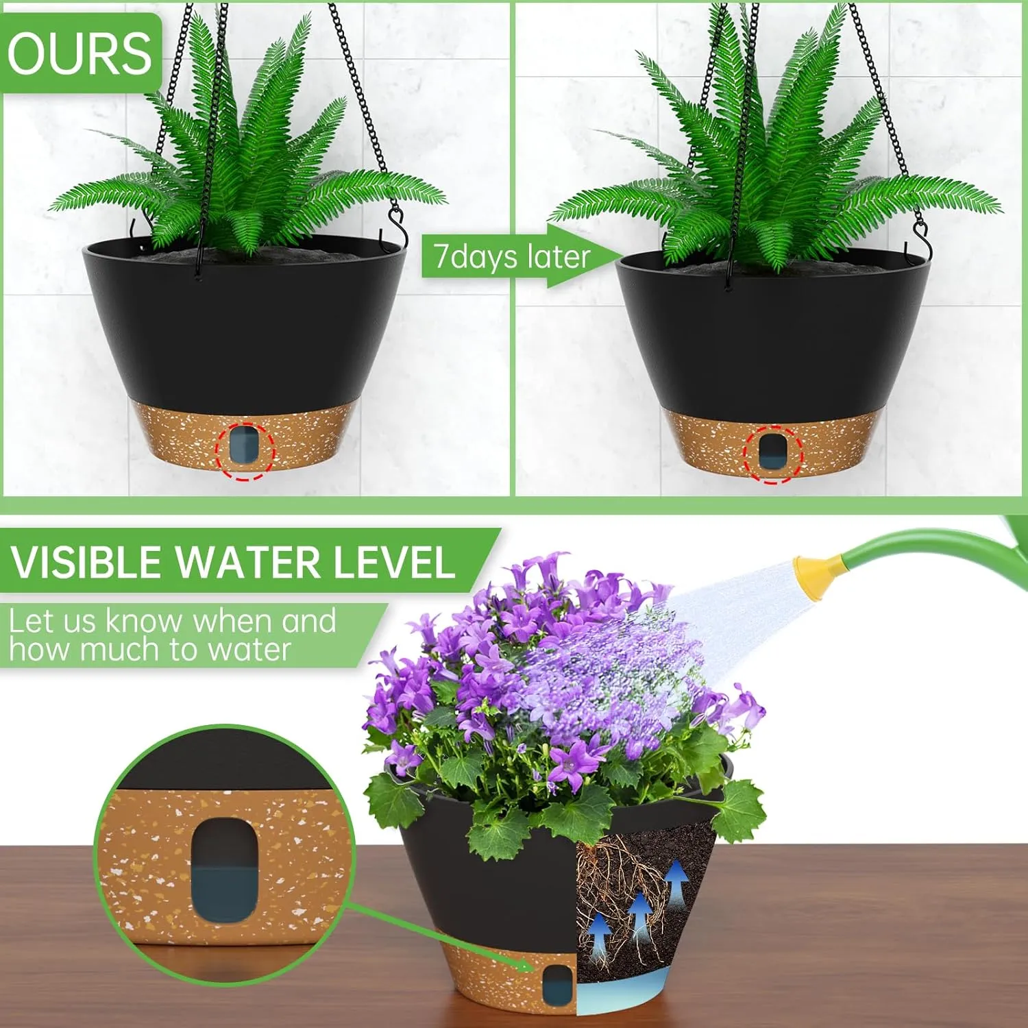 ZMTECH 2 Pack Hanging Planters for Outdoor Plants, Hanging Pots for Plants Indoor with Visible Water Level, Hanging Flower Basket with Drainage Holes & Removable Tray(10 Inch, Gray)