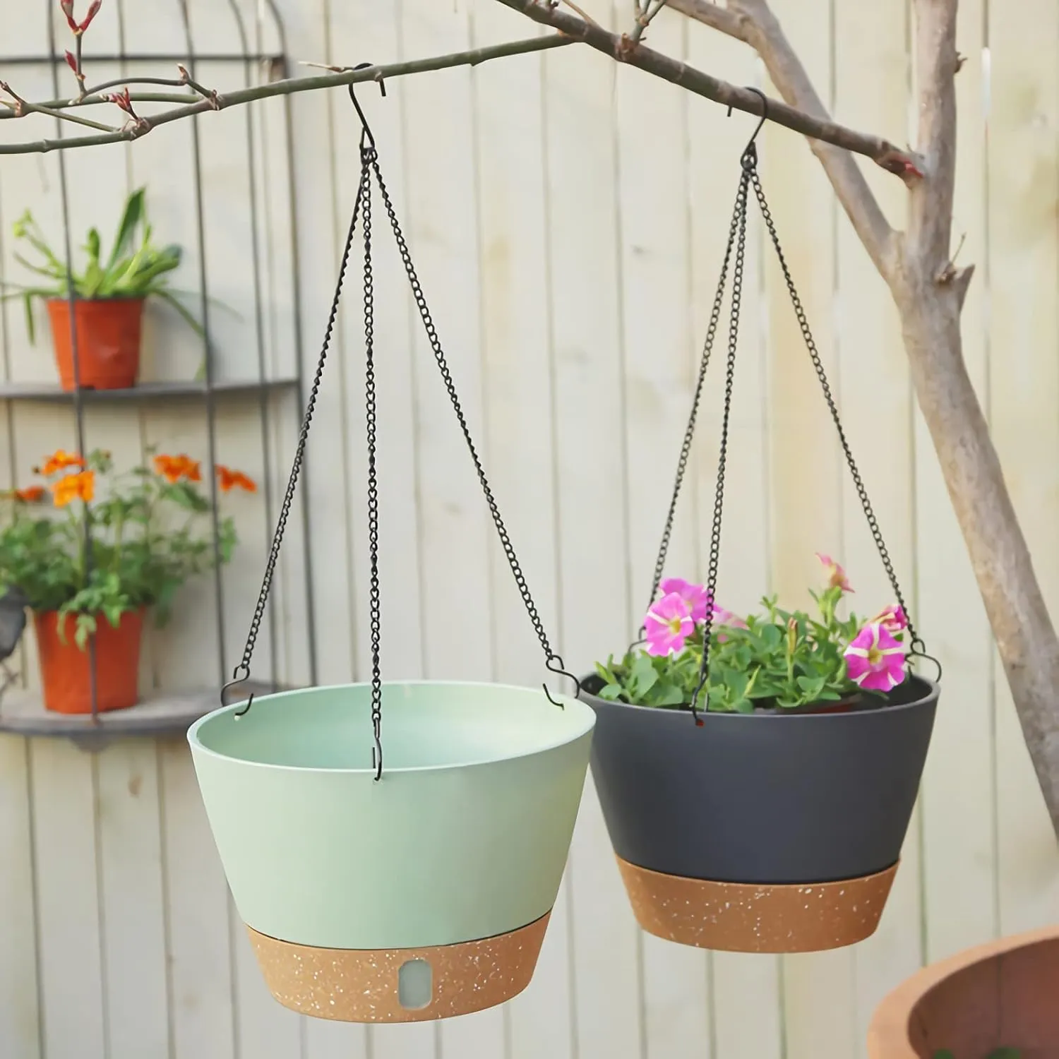 ZMTECH 2 Pack Hanging Planters for Outdoor Plants, Hanging Pots for Plants Indoor with Visible Water Level, Hanging Flower Basket with Drainage Holes & Removable Tray(10 Inch, Gray)