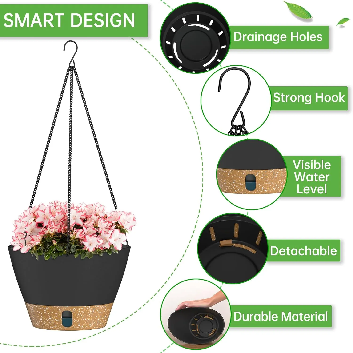 ZMTECH 2 Pack Hanging Planters for Outdoor Plants, Hanging Pots for Plants Indoor with Visible Water Level, Hanging Flower Basket with Drainage Holes & Removable Tray(10 Inch, Gray)