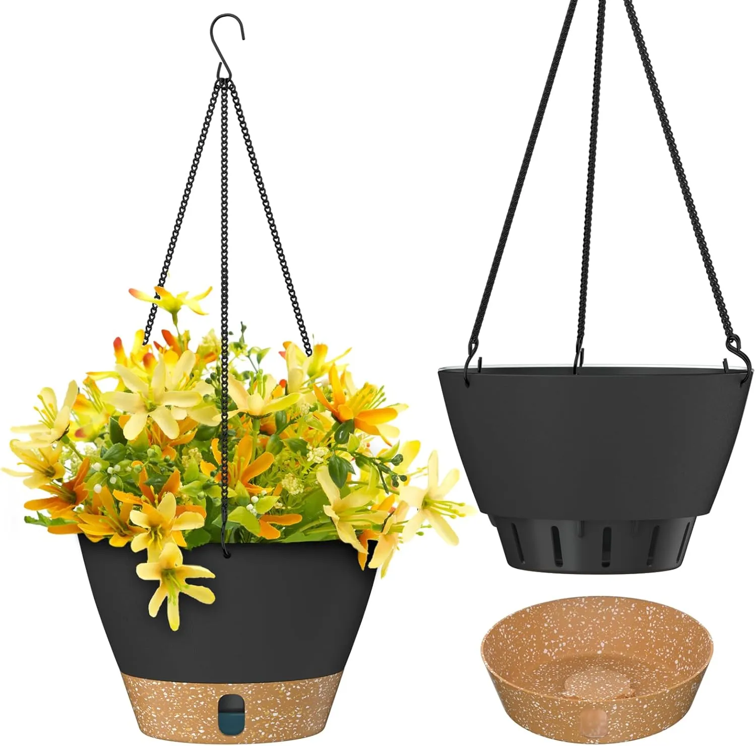 ZMTECH 2 Pack Hanging Planters for Outdoor Plants, Hanging Pots for Plants Indoor with Visible Water Level, Hanging Flower Basket with Drainage Holes & Removable Tray(10 Inch, Gray)