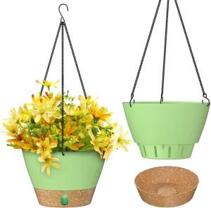 ZMTECH 2 Pack Hanging Planters for Outdoor Plants, Hanging Pots for Plants Indoor with Visible Water Level, Hanging Flower Basket with Drainage Holes & Removable Tray(10 Inch, Green)
