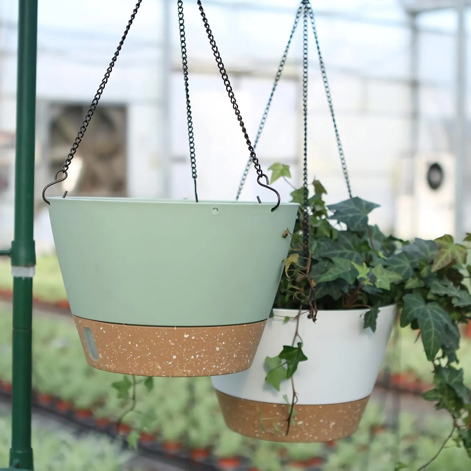 ZMTECH 2 Pack Hanging Planters for Outdoor Plants, Hanging Pots for Plants Indoor with Visible Water Level, Hanging Flower Basket with Drainage Holes & Removable Tray(10 Inch, Green)