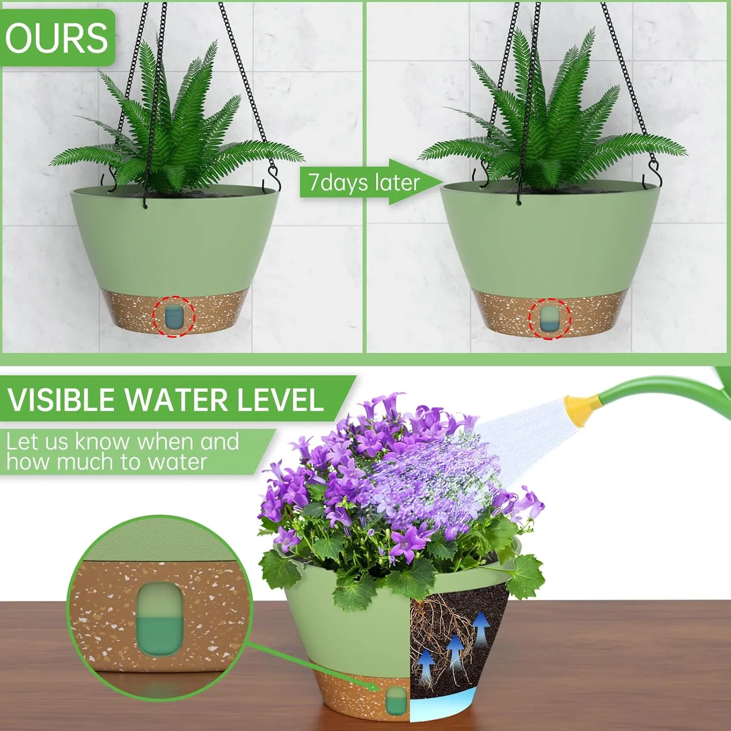 ZMTECH 2 Pack Hanging Planters for Outdoor Plants, Hanging Pots for Plants Indoor with Visible Water Level, Hanging Flower Basket with Drainage Holes & Removable Tray(10 Inch, Green)