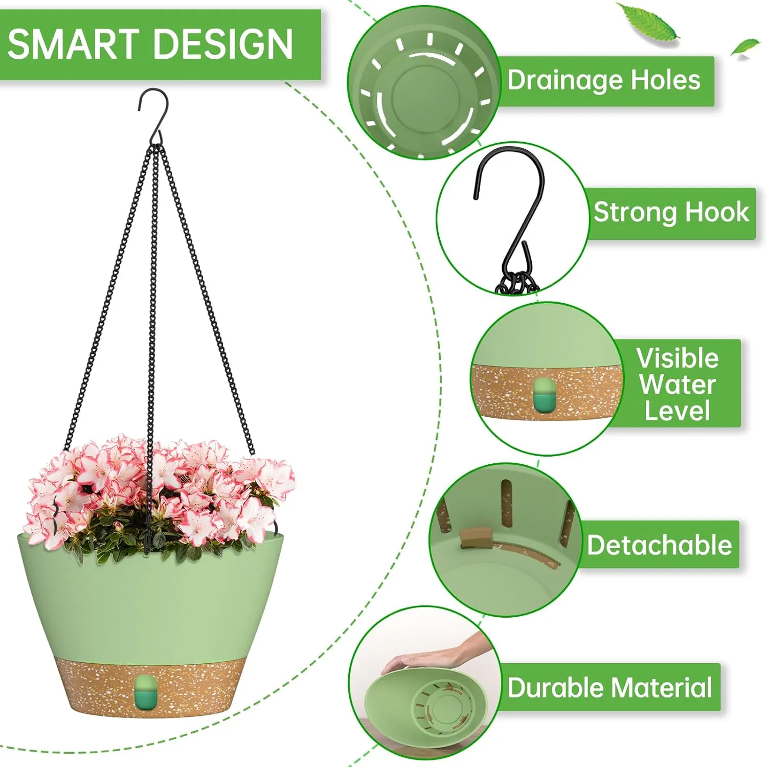 ZMTECH 2 Pack Hanging Planters for Outdoor Plants, Hanging Pots for Plants Indoor with Visible Water Level, Hanging Flower Basket with Drainage Holes & Removable Tray(10 Inch, Green)
