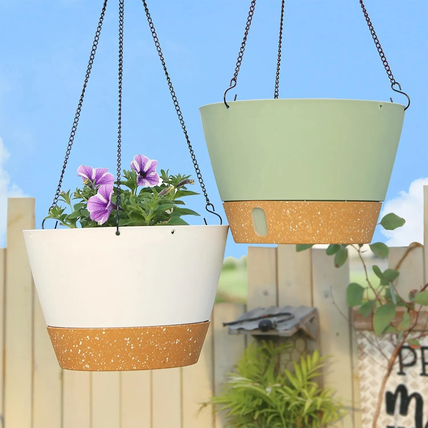 ZMTECH 2 Pack Hanging Planters for Outdoor Plants, Hanging Pots for Plants Indoor with Visible Water Level, Hanging Flower Basket with Drainage Holes & Removable Tray(10 Inch, White)