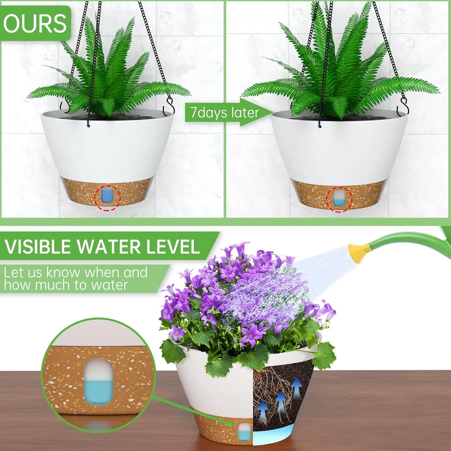 ZMTECH 2 Pack Hanging Planters for Outdoor Plants, Hanging Pots for Plants Indoor with Visible Water Level, Hanging Flower Basket with Drainage Holes & Removable Tray(10 Inch, White)
