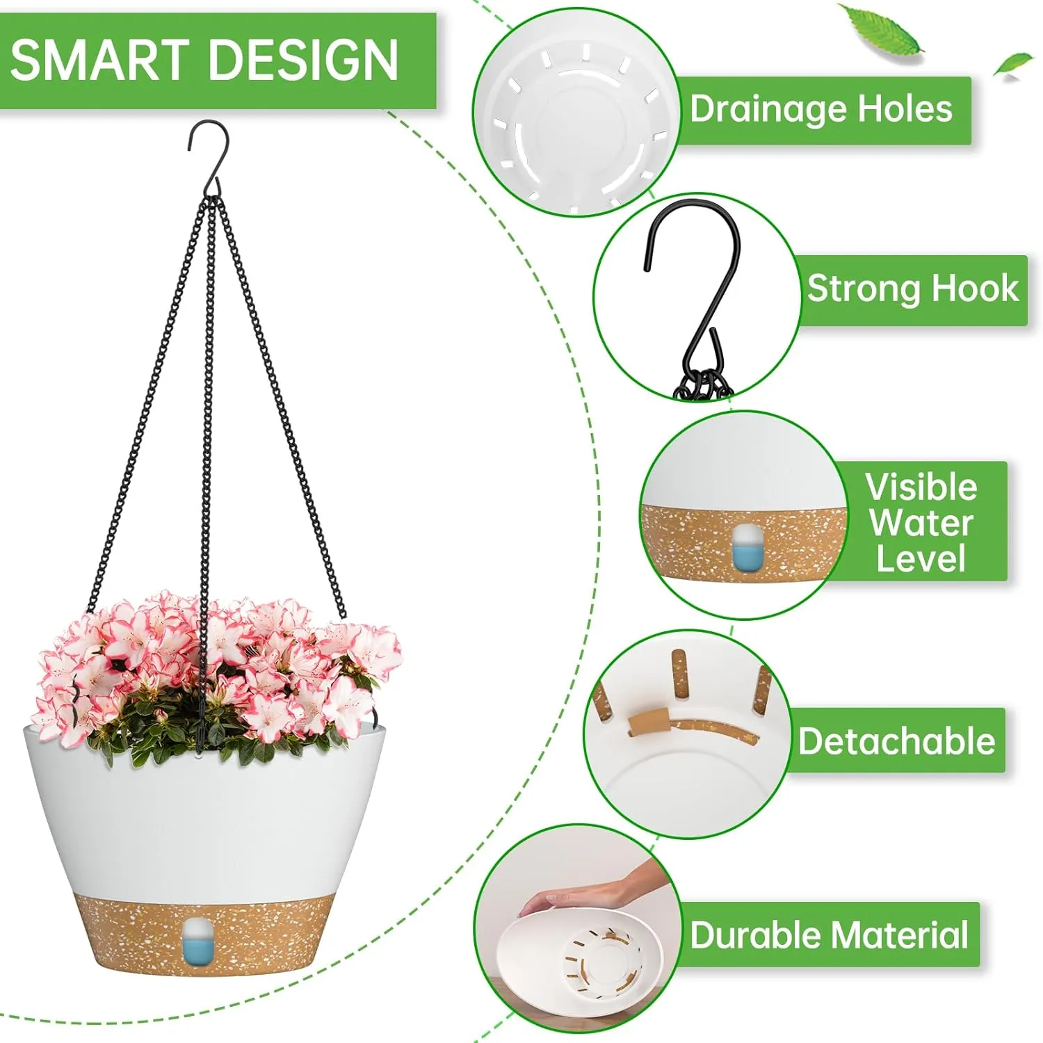 ZMTECH 2 Pack Hanging Planters for Outdoor Plants, Hanging Pots for Plants Indoor with Visible Water Level, Hanging Flower Basket with Drainage Holes & Removable Tray(10 Inch, White)