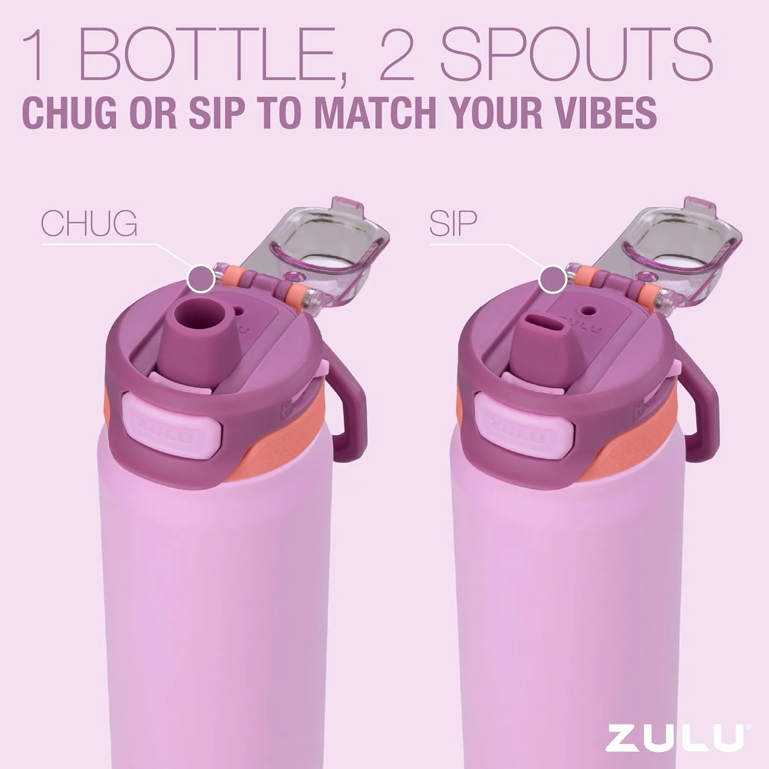 ZULU Powerfill Pro 24oz Stainless Steel Water Bottle with Quick Fill Lid, Triple Walled Vacuum Insulated Metal, Leak Proof Locking Lid, Sip and Chug, Reusable BPA Free, Sherbert