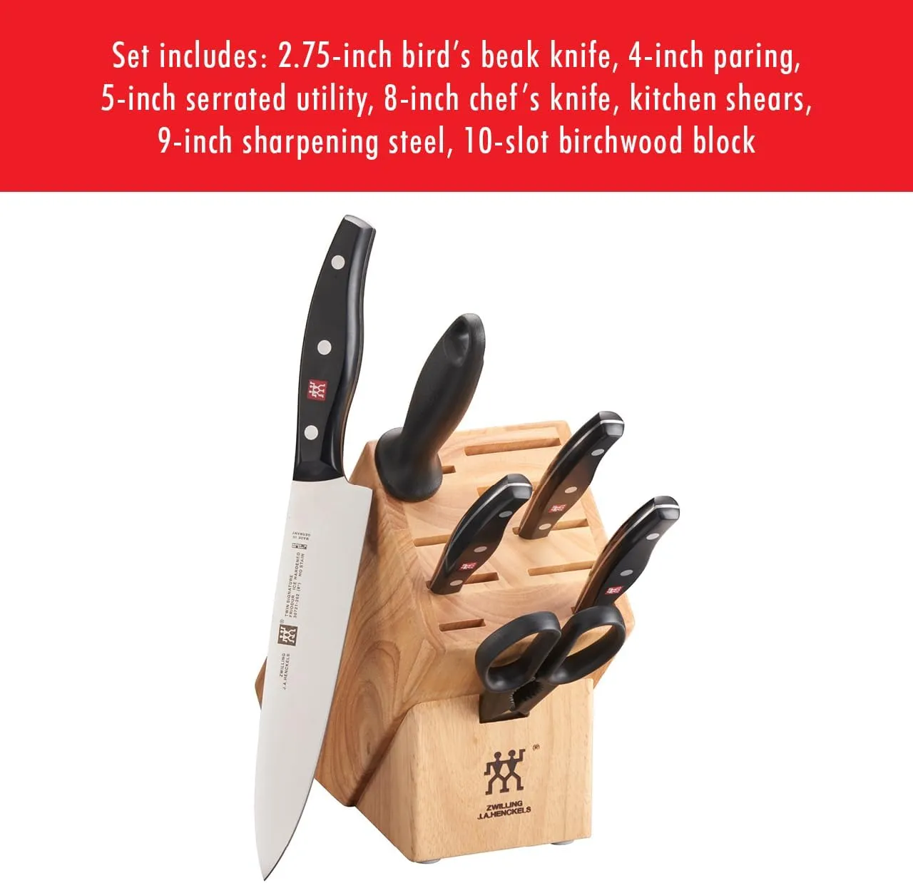 ZWILLING Twin Signature 7-Piece German Knife Set with Block, Razor-Sharp, Made in Company-Owned German Factory with Special Formula Steel perfected for almost 300 Years, Dishwasher Safe